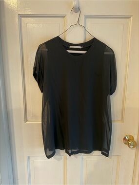 Elaine Kim Black Sheer Sleeve Top Petite P Layered Short Sleeve Blouse
